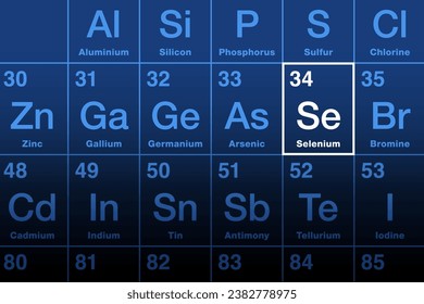 Selenium element on the periodic table with element symbol Se and with the atomic number 34. Trace amounts are necessary for cellular function, and are an essential micronutrient. Illustration. Vector