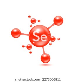 Selenium mineral in the form of atoms molecules red glossy. Selenium icon 3D isolated on white background. Minerals vitamins complex. Medical and science concept. Vector EPS10 illustration.