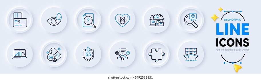 Mineral de selenio, análisis médicos e íconos de línea de movimiento para el hogar para el App de Web. Paquete de rompecabezas, cuidado de mascotas, Búsqueda de iconos de pictogramas de documentos. Envío, Ph neutro, No hay señales de Internet. Tarjeta. Vector