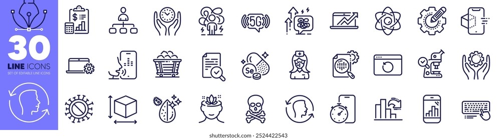 Selenium mineral, Recuperação internet e Vendas diagrama linha ícones pack. Tamanho da caixa, ID de rosto, ícone web 5g wifi. Relatório, estatísticas de Seo, pictograma de Enfermeira. Correio de voz, telefone do Graph, Coronavírus. Vetor