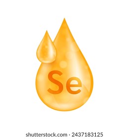 Minerales de selenio, gotita naranja. Complejo vitamínico en solución esencial. Gota de agua de la naturaleza sobre fondo blanco para anuncios de suplementos dietéticos. Concepto de ciencia médica. Icono 3D aislado vector.