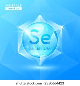 Selenminerale in Form von Edelsteinen aus blauem Kristall. Mineralkristalle in natürlicher glänzender Oberfläche für Nahrungsmittel und Arzneimittel für die Gesundheit. Wissenschaftliches medizinisches Konzept. 3D-Vektorgrafik.