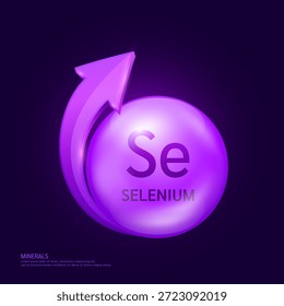 Selenium minerals form purple ball circle with arrow on a dark background. Mineral vitamins complex essential supplement health. Food nutrition and medicine. Medical science concept. 3D Vector.