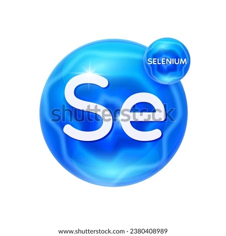 Selenium minerals vitamins essential supplement to the health body. Mineral crystals blue stone on white background for nutrition design products food and drug. Scientific medical concept. 3D Vector.
