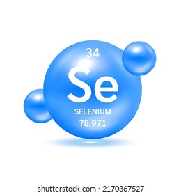 Selenium molecule models blue and chemical formulas scientific element. Ecology and biochemistry concept. Isolated spheres on white background. 3D Vector Illustration.