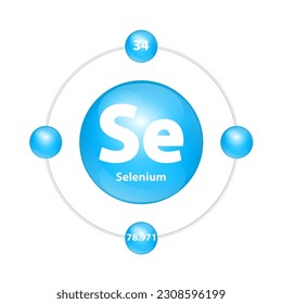 Selenium (Se) Icon structure chemical element round shape circle light blue with surround ring. Period number shows of energy levels of electron. Study science for education. 3D Illustration vector.