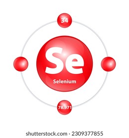Selenium (Se) Icon structure chemical element round shape circle light red with surround ring. 3D Illustration vector. Period number shows of energy levels of electron. Study science for education