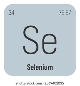 Selenium, Se, periodic table element with name, symbol, atomic number and weight. Non-metal with various industrial uses, such as in certain types of glass, and as a component in certain types of