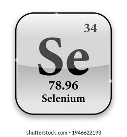 Selenium símbolo.Elemento químico de la tabla periódica sobre un fondo blanco brillante en un marco plateado.Ilustración vectorial.