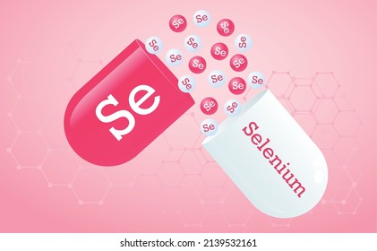 Selenium, trace element. Se element icon capsule. Healing minerals. Medical background honeycomb grid of hexagons in pink color. Poster. Vector illustration