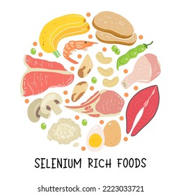 Selenium vector stock illustration. Food products with a high content of the mineral. tuna fish, meat, mushrooms, shrimps, brazil nuts, cashew, oats, bread, beans. Information poster. Food, diet.