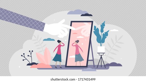 Self absorption concept, flat tiny person vector illustration. Relationships with self image and personal analysis. Reflection thoughts on life attitude and personality traits. Inner awareness process