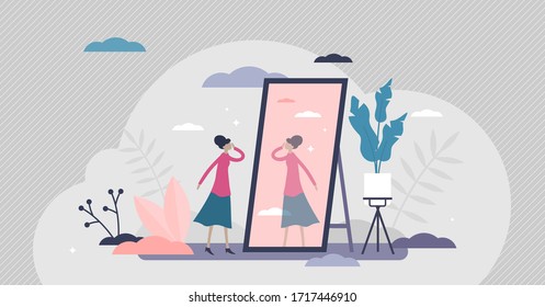 Self absorption concept, flat tiny person vector illustration. Relationships with self image and personal analysis. Reflection thoughts on life attitude and personality traits. Inner awareness process