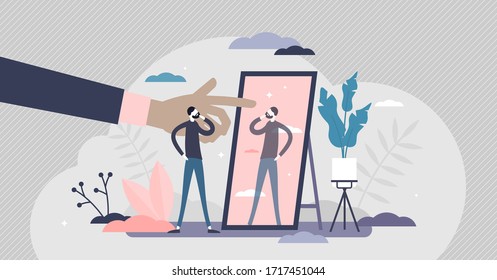 Self absorption concept, flat tiny person vector illustration. Relationships with self image and personal analysis. Reflection thoughts on life attitude and personality traits. Inner awareness process