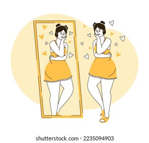 Self acceptance 2D vector isolated linear illustration. Pretty woman at mirror thin line flat character on cartoon background. Colorful editable scene for mobile, website, presentation