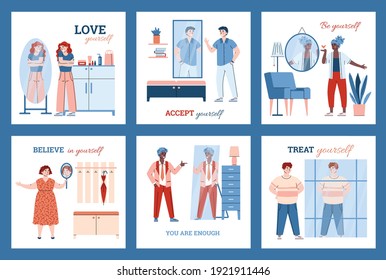 Selbstannahme und Körper positiv. Männer und Frauen betrachten Spiegelreflexion und Liebe, glauben, akzeptieren und schätzen sich selbst. Satz bunter Vektorplakate mit Motivationsgrafiken