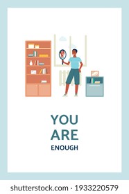 Self acceptance and body positive poster with motivation lettering. Narcissistic young man with confidence and esteem to self looking at reflection in mirror. Vector illustration