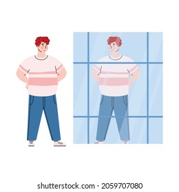 Self acceptance and body positive. Smiling positive young man looks at reflection in storefront with love treat, confidence and esteem. Flat vector illustration isolated on white