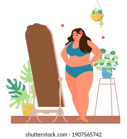 Self Acceptance And Body Pozitive Concept Vector Illustration. Plus Size Woman In Underwear Looks In The Mirror And Enjoys  The Way She Looks.