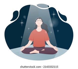 Self acceptance concept. Girl in beam of light sits in lotus position. Conscious character, meditation and concentration. Positive psychology and love for your body. Cartoon flat vector illustration