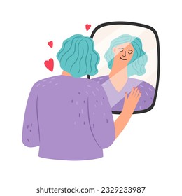Self acceptance concept, love yourself. Happy beautiful woman looking in the mirror. Young woman with healthy self-perception. Self esteem vector illustration of acceptance yourself confident