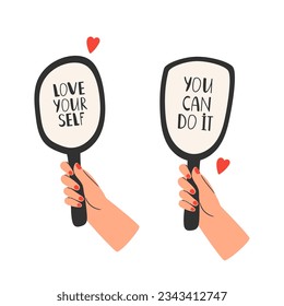Self acceptance concept, love yourself. Self esteem vector illustration.Happy mans hand holding a mirror. Confidence and positive character, acceptance in mirror