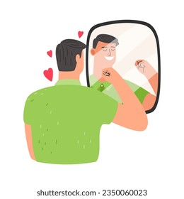 Self acceptance concept, love yourself. Happy person looking in the mirror. Young man with healthy self-perception. Self esteem vector illustration of care man positive and happy