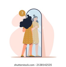 Self acceptance concept. Young girl stands in front of mirror. High self esteem, positive psychology and mental health. Character hugging her reflection, optimism. Cartoon flat vector illustration