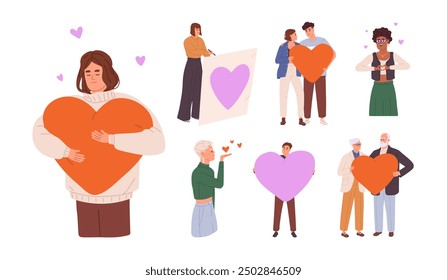 Autoaceptación y amor en las relaciones. Las Personas comparten sentimientos románticos. Parejas jóvenes y viejas con corazón. Concepto del día de San Valentín, 14 de febrero. Ilustraciones vectoriales aisladas planas en blanco.