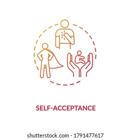 Self acceptance red gradient concept icon. Confidence in oneself. Level of esteem. Psychological health. Mental wellbeing idea thin line illustration. Vector isolated outline RGB color drawing