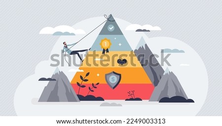 Self actualization as top layer from Maslow pyramid tiny person concept. Personal desire for psychological happiness, life ambition fulfillment and development goal satisfaction vector illustration.