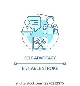 Self advocacy turquoise concept icon. Present yourself. Type of legal protection abstract idea thin line illustration. Isolated outline drawing. Editable stroke. Arial, Myriad Pro-Bold fonts used