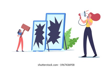 Self Anger Concept. Unhappy Angry Female Character Yelling on herself through Loudspeaker and Breaking Mirror Dissatisfied with Appearance. Woman Mind Health Problem. Cartoon Vector Illustration