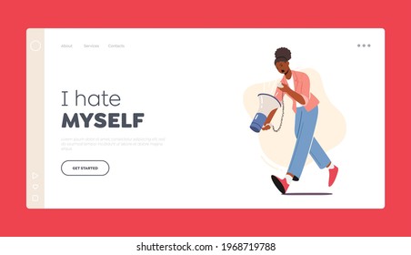 Self Anger Landing Page Template. Female Character Yelling on herself through Loudspeaker. Woman need Psychological Help, Mind Health Problem and Emotional Imbalance. Cartoon Vector Illustration