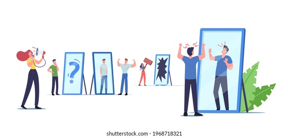 Self Anger, Loathing, Low Esteem Concept. Unhappy Characters Look in Mirror Dissatisfied with their Reflection. Men and Women Mind and Emotional Imbalance. Cartoon People Vector Illustration