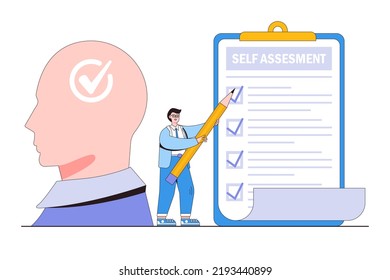 Self assessment, analysis career development to evaluate yourself, analyze important facet to build identity, work improvement process concepts. Businessman giving check on personal review checkbox.