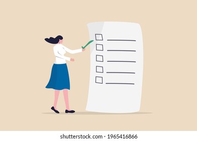 Self assessment, evaluate yourself for personal development or work improvement concept, woman giving check on checkbox in achievement list notepad paper.