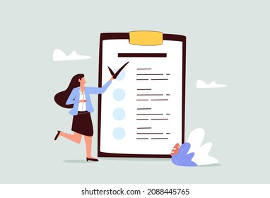 Self assessment, evaluate yourself for personal development or work improvement concept, woman giving check on checkbox in achievement list notepad paper. Personality trait concept. Self-esteem vector