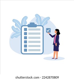 Self assessment, evaluate yourself for personal development, woman giving check on checkbox in achievement list notepad paper, Modern Flat Illustration