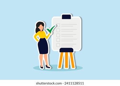 Self assessment, evaluate yourself for personal development or work improvement concept, woman giving check on checkbox in achievement list notepad paper.