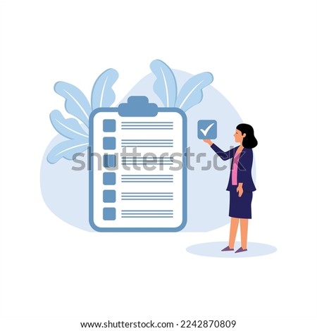 Self assessment, evaluate yourself for personal development, woman giving check on checkbox in achievement list notepad paper, Modern Flat Illustration