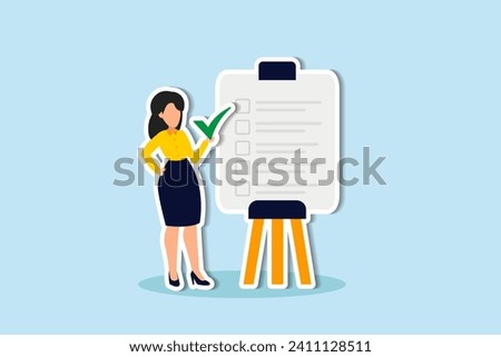 Self assessment, evaluate yourself for personal development or work improvement concept, woman giving check on checkbox in achievement list notepad paper.