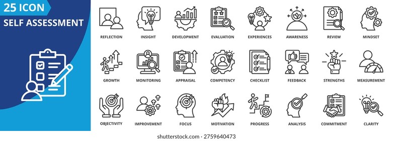 self assessment icon set collection in outline style. icon pack contain reflection, evaluation, introspection, awareness, analysis, review, measurement, appraisal, insight, feedback icon