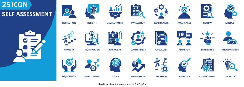 self assessment icon set collection in flat style. icon pack contain reflection, evaluation, introspection, awareness, analysis, review, measurement, appraisal, insight, feedback icon