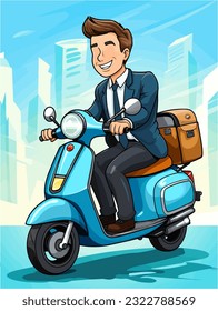 a self assured businessman on a scooter with a briefcase
