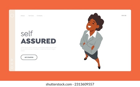 Plantilla De Página De Aterrizaje Autogarantizada. Personaje afroamericano femenino mirando hacia arriba. La Mujer Sonriente Salta Hacia Arriba, Profundamente Contemplada, Como Si Sueño O Se Relájese. Ilustración de vectores de personas de caricatura