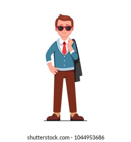 Self assured smiling man wearing sun shades standing with jacket over his shoulder. Cool hipster guy character in trendy clothes & necktie. Flat style isolated vector character illustration