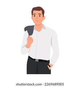 Self assured smiling man wearing sun shades standing with jacket over his shoulder. Flat style isolated vector character illustration