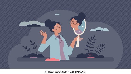 Self aware and personal acceptance with ego awareness tiny person concept. Mental and psychological esteem and optimistic look appreciation vector illustration. Body mindfulness and consciousness.