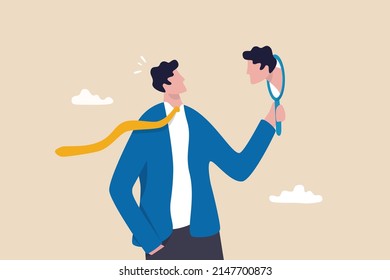 Self awareness, aware of different aspect of self, behaviors and feelings, psychology state of oneself becomes focus of attention, businessman found himself from mirror thinking about self awareness.